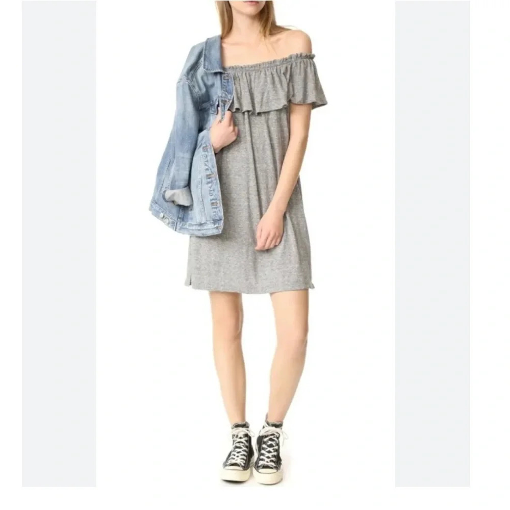 CURRENT ELLIOTT RUFFLE DRESS Off The Shoulder in HEATHER GREY